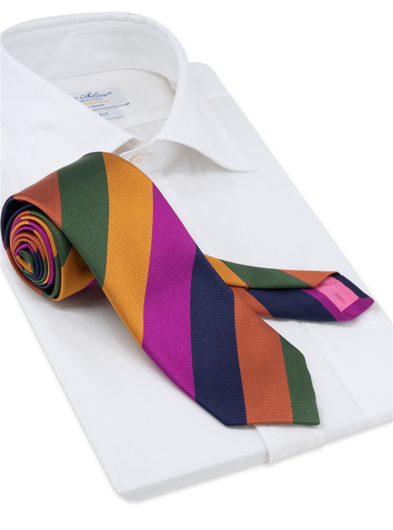 Silk Block Striped Tie in Magenta, Gold and Forest