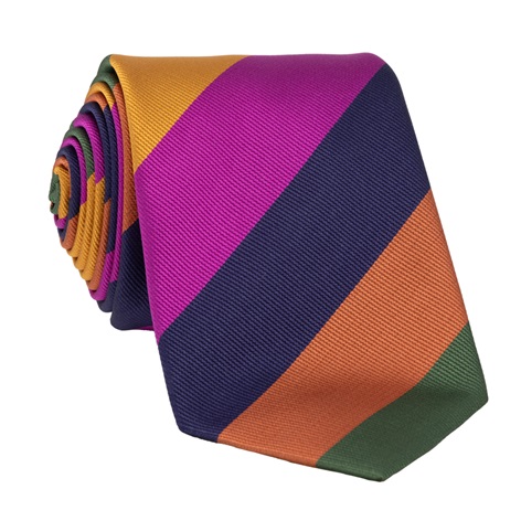 Silk Block Striped Tie in Magenta, Gold and Forest