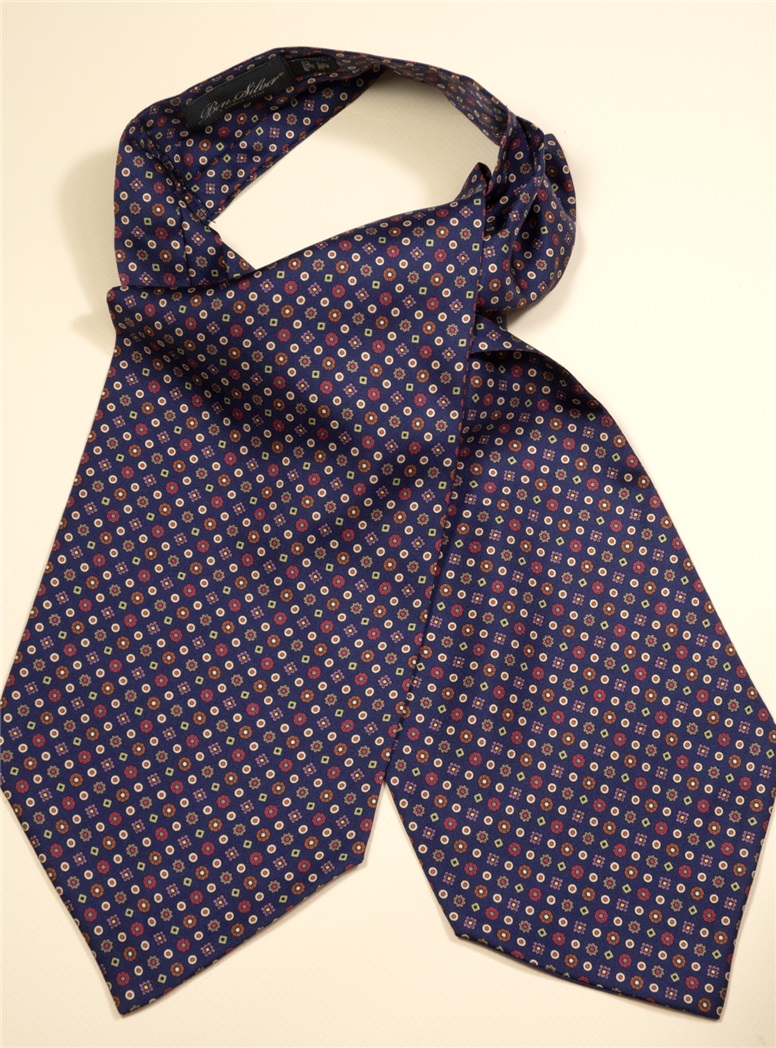 Silk Neat Print Ascot in Navy