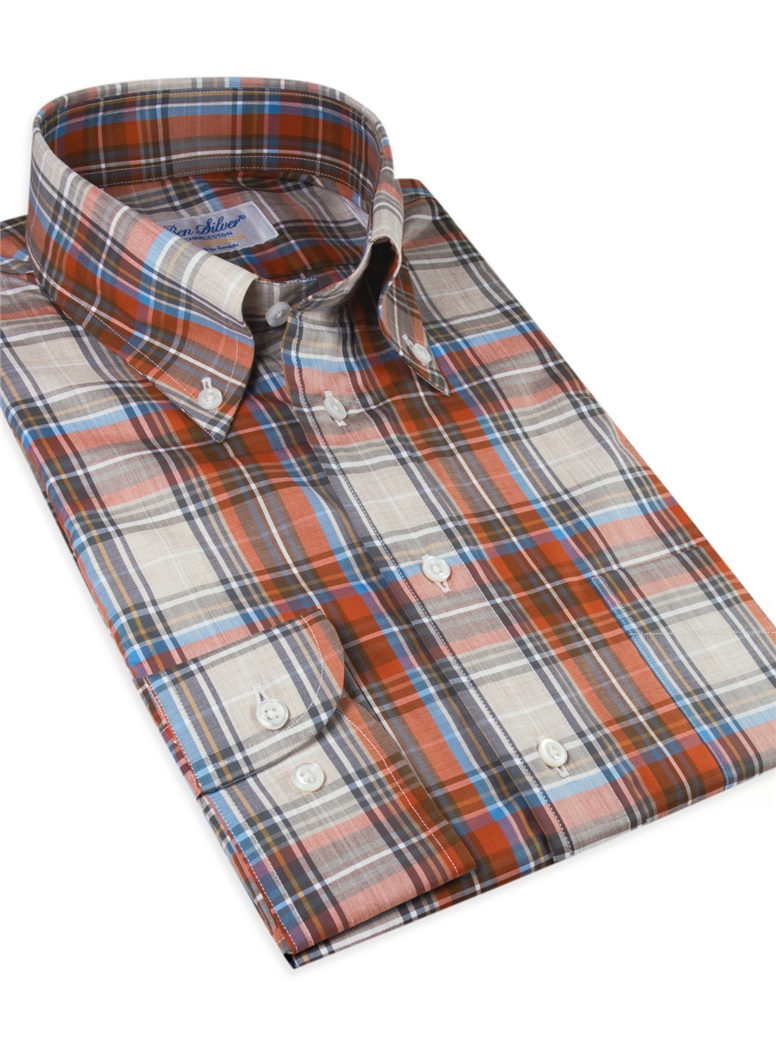 Brown, Brick Red and Pacific Blue Plaid Cotton Button Down
