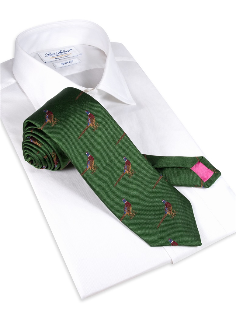 Jacquard Woven Pheasant Motif Tie in Fern