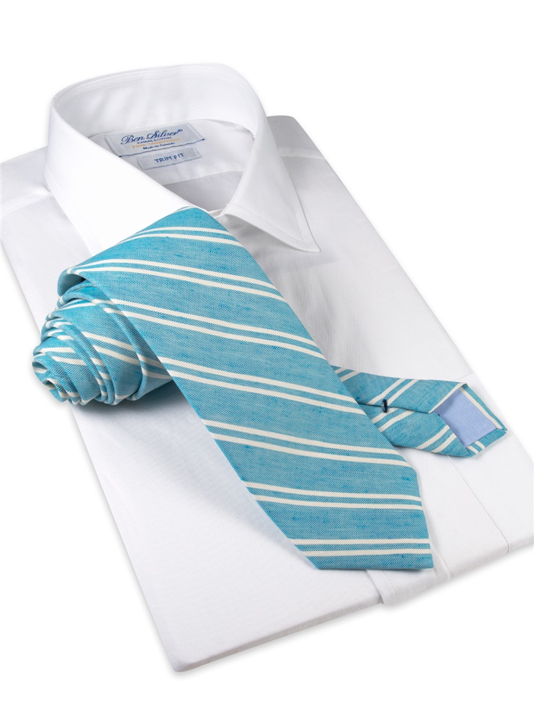 Linen and Cotton Double Stripe Tie in Aqua