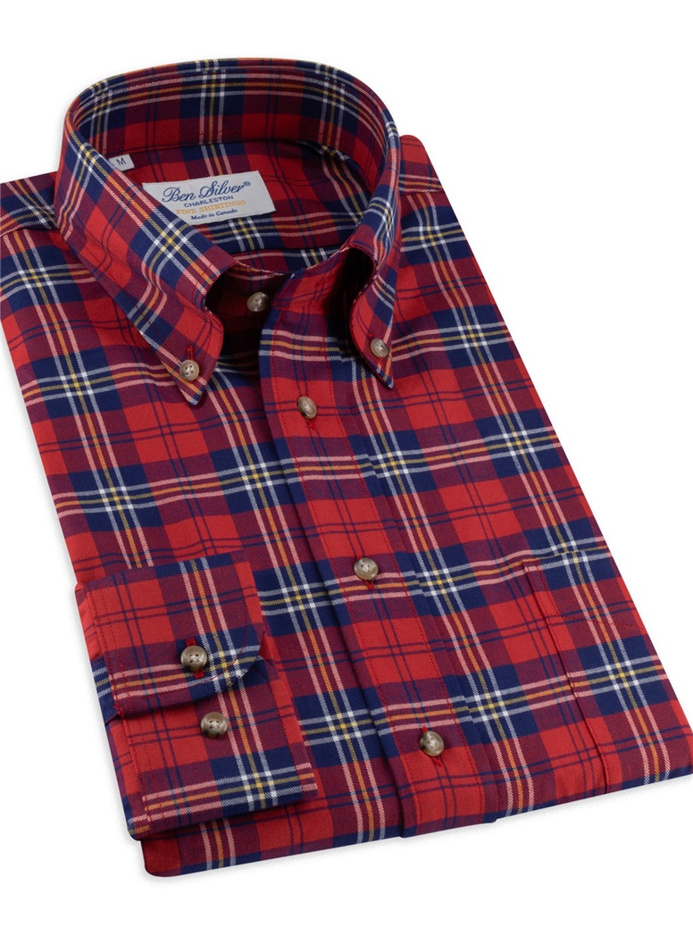 Red, Blue, and Yellow Plaid Brushed Cotton Button Down