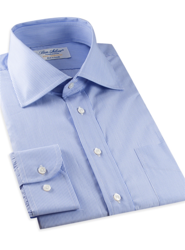 Sky and White Pinstripe Spread Collar