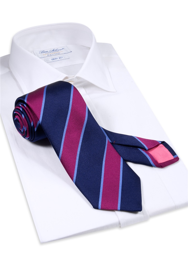 Silk Striped Tie in Navy and Magenta