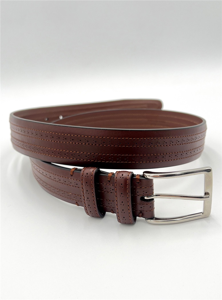 Dark Tan Leather Belt in Small Brogue Pattern