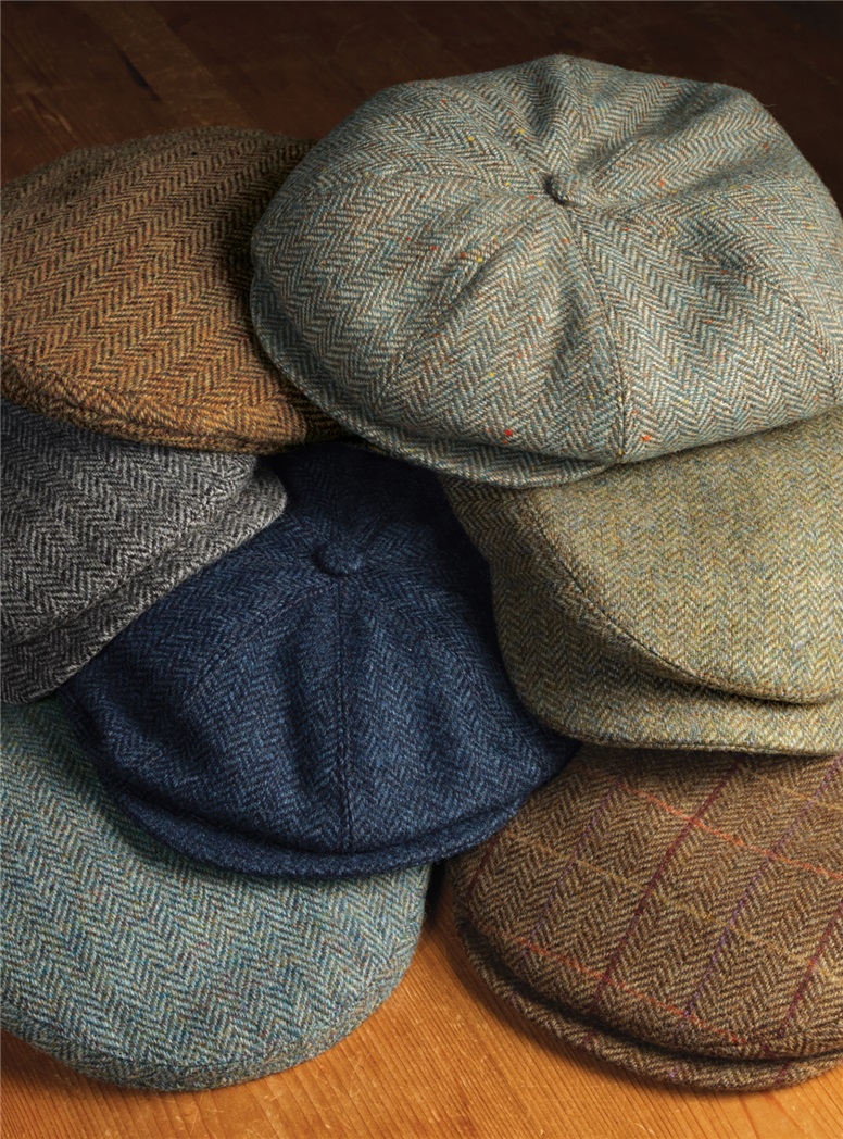 Wool Helmsley Cap in Chestnut Herringbone with Autumnal Windowpanes