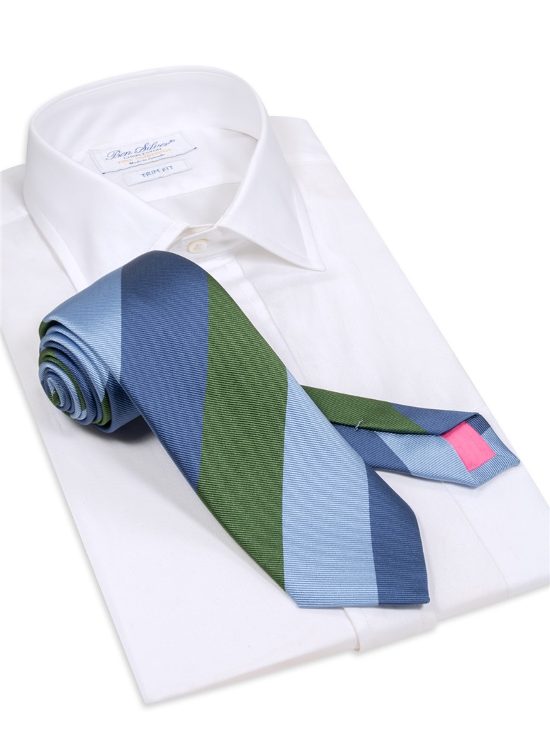 Woven Block Stripe Tie in Fern, Sky and Denim