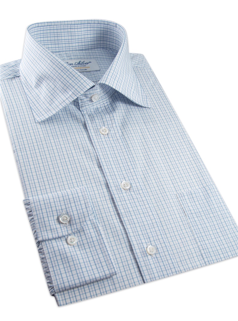 170's White with Blue Graph Check Spread Collar - The Ben Silver Collection