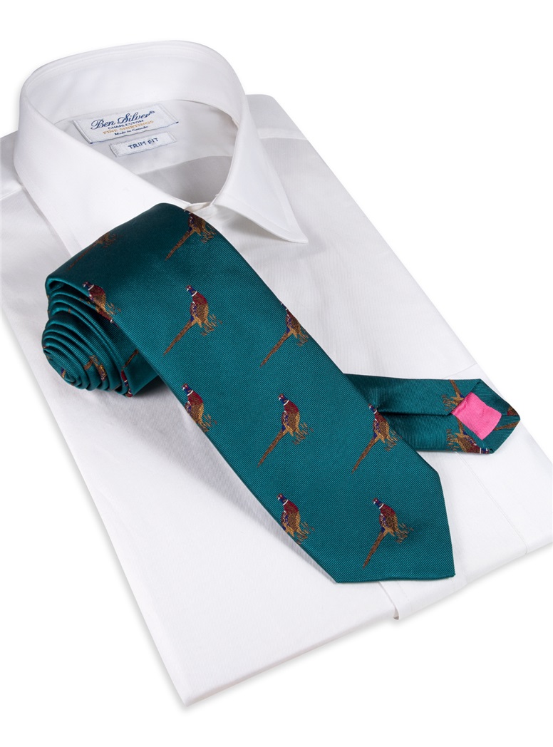 Jacquard Woven Pheasant Motif Tie in Teal