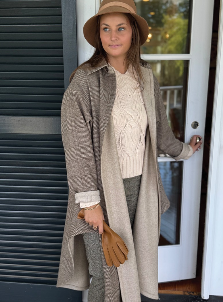 Ladies Wool Double-Faced Cape in Sand and Tan Glen Plaid