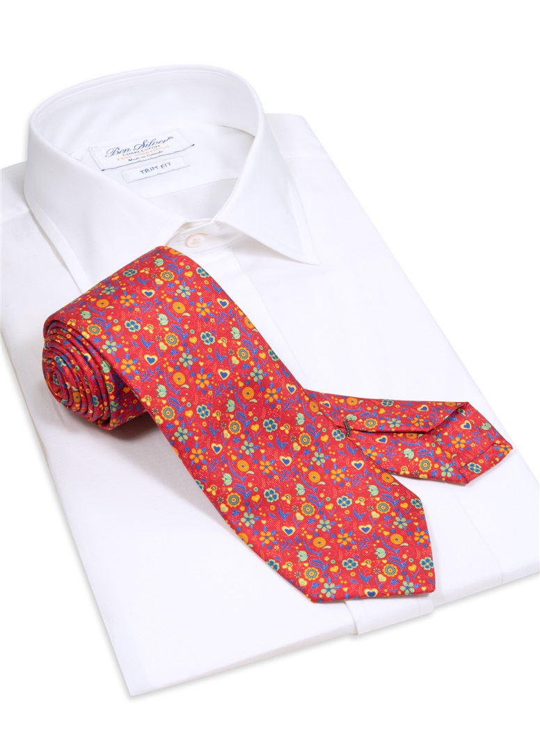 Silk Floral Printed Tie in Ruby