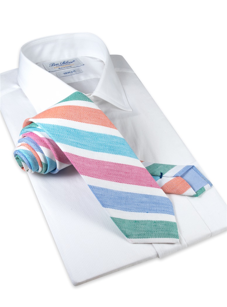 Linen Stripe Tie in Tangerine and Grass