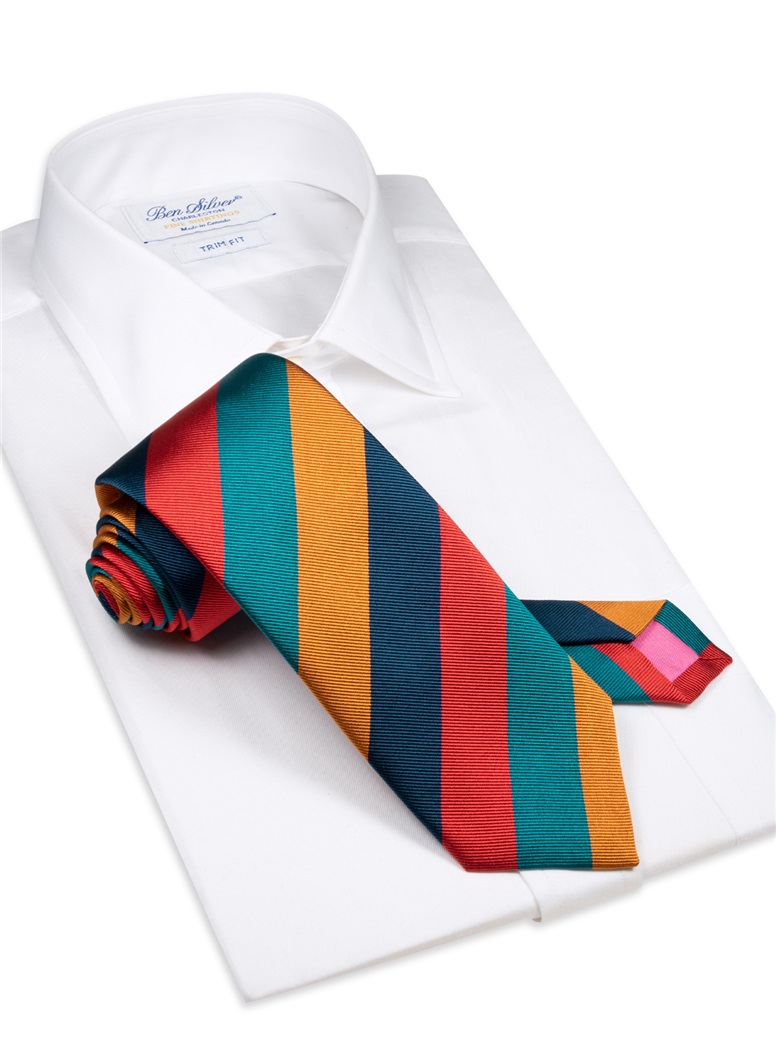 Silk Block Stripe Tie in Chili, Teal, Gold and Navy
