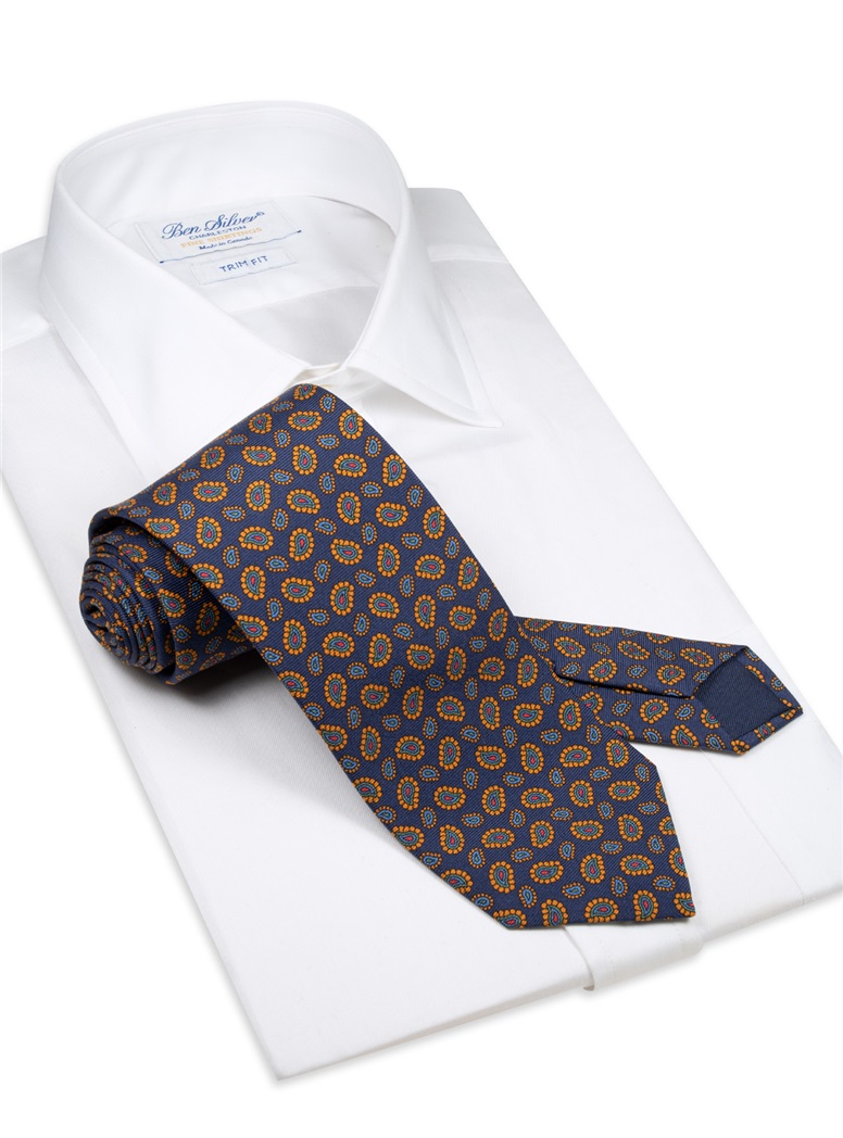 Silk Printed Paisley Tie in Navy