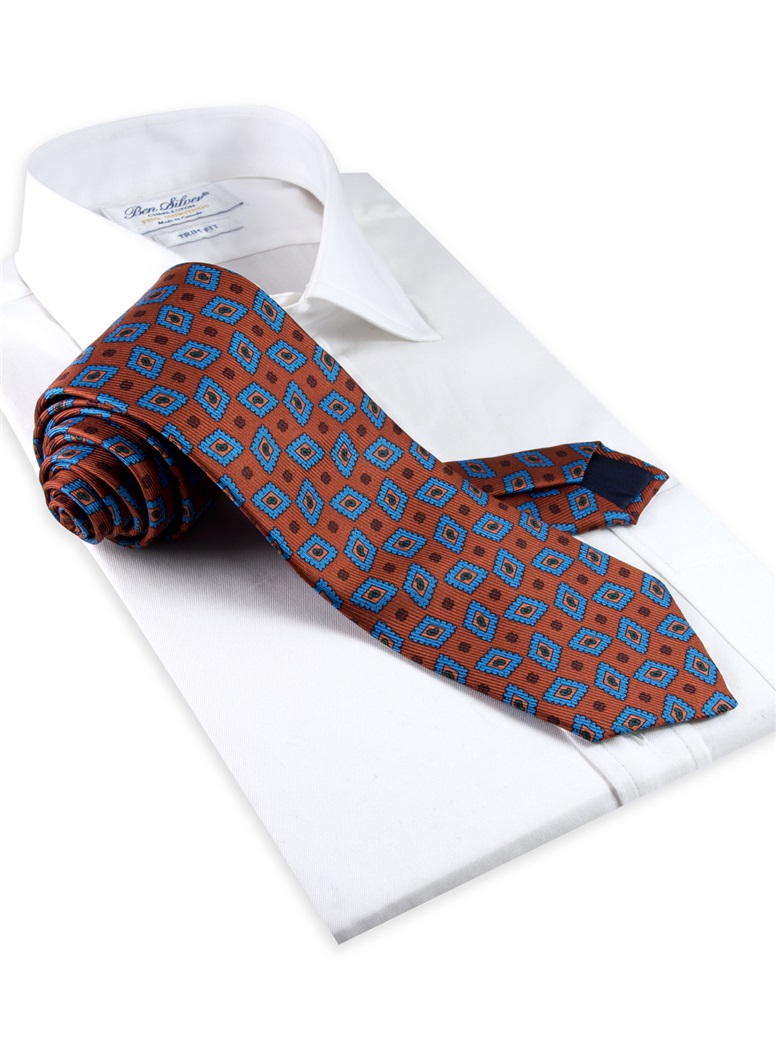 Silk Madder Print Tie with Diamond Motif in Chestnut
