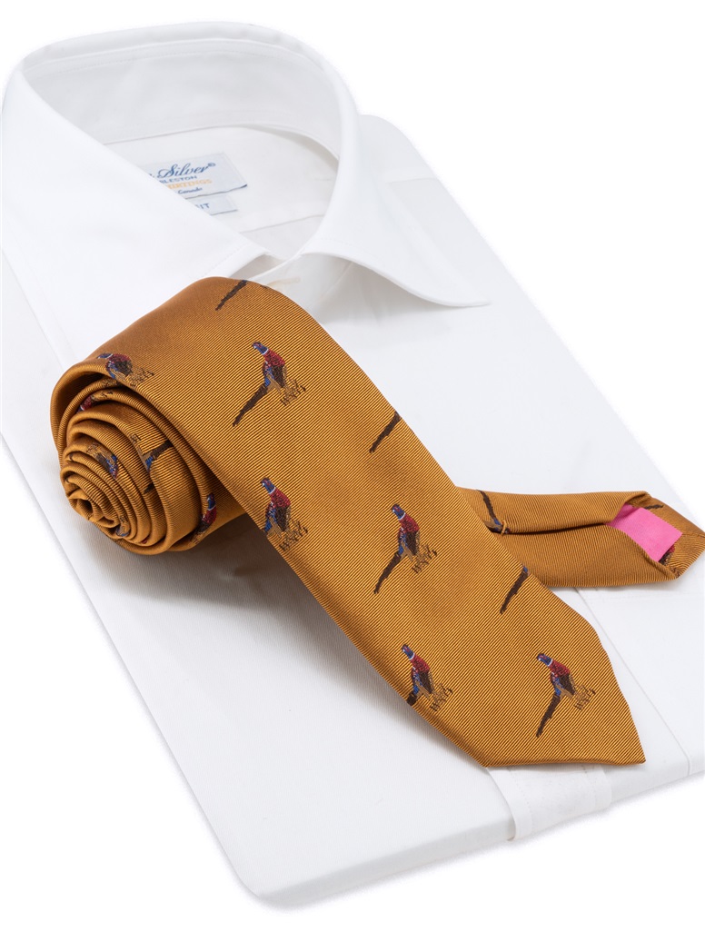 Silk Woven Pheasant Motif Tie in Gold
