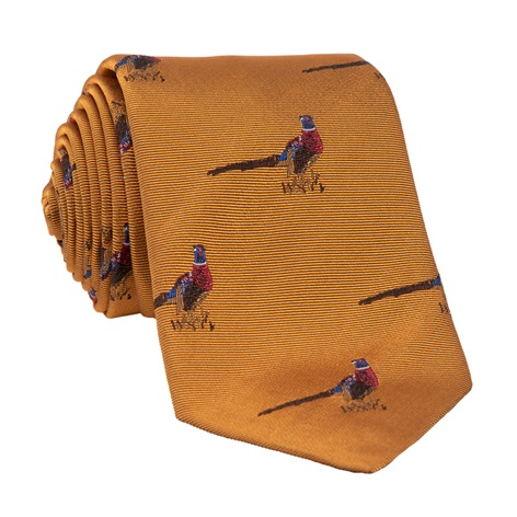 Silk Woven Pheasant Motif Tie in Gold