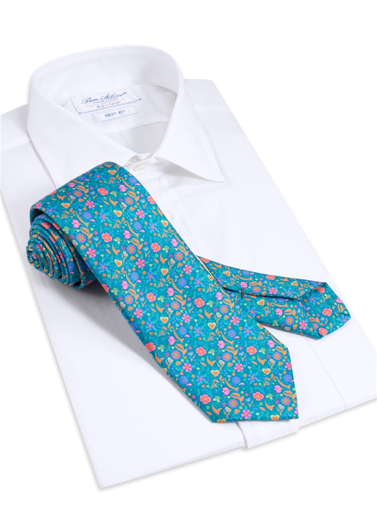 Silk Floral Printed Tie in Teal