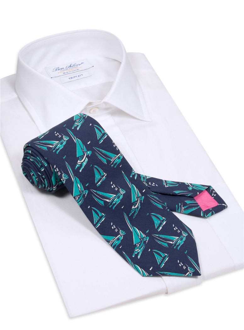 Silk Printed Sailboat Tie in Navy - The Ben Silver Collection