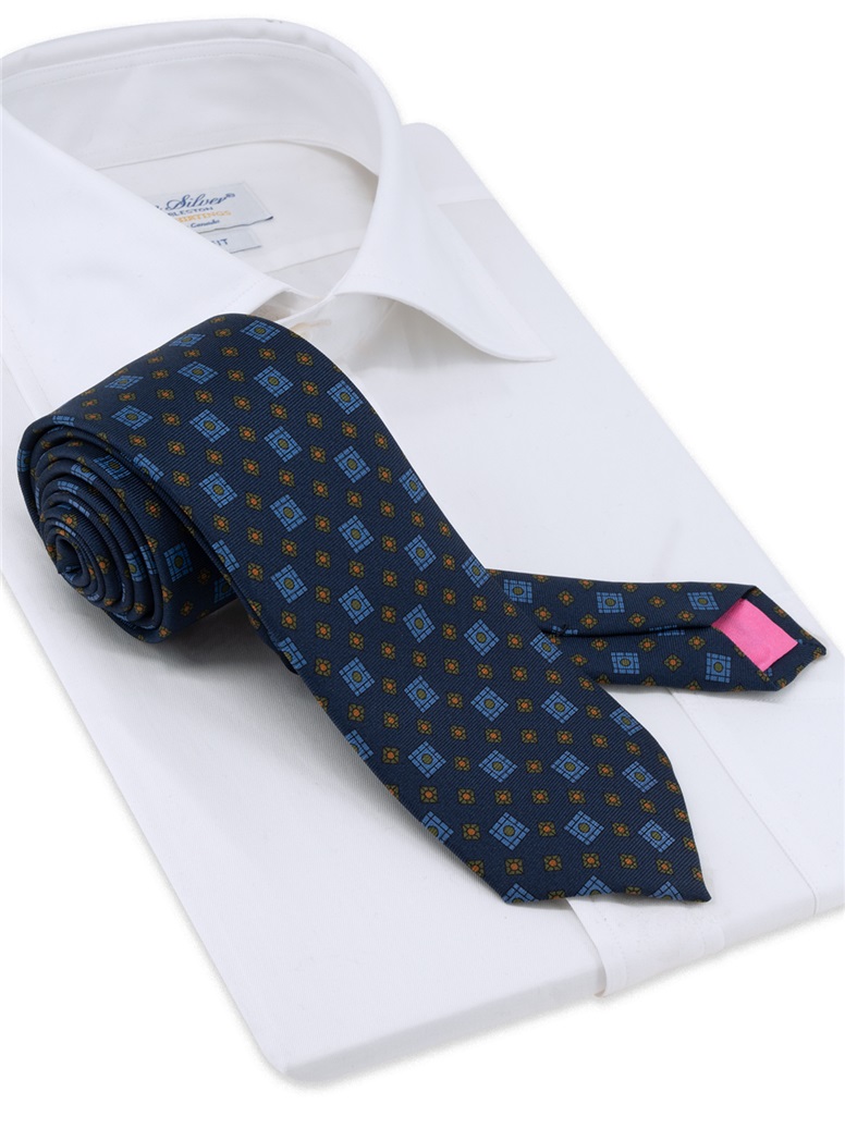 Silk Neat Print Tie in Navy