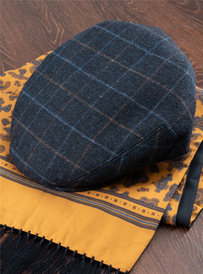 Wool Navy Windowpane Cap