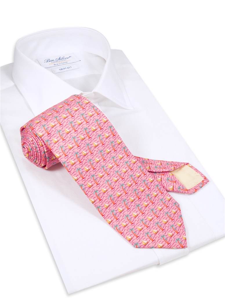 Palm Tree and Sailboat Printed Tie in Rose