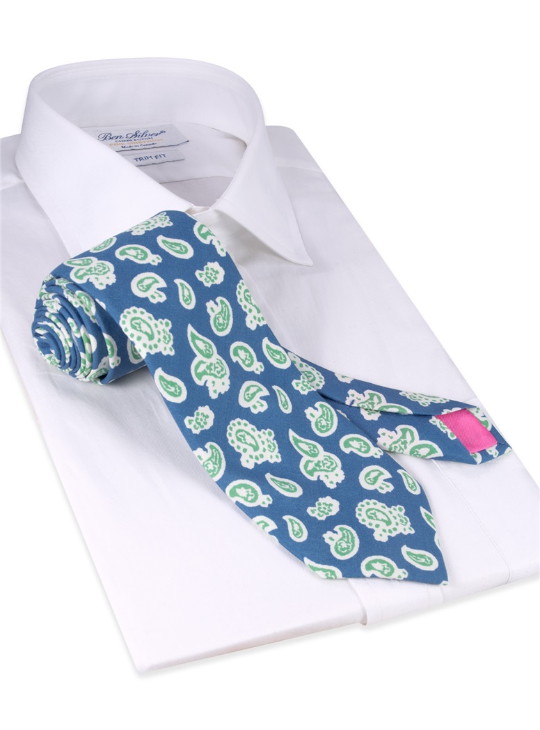 Silk Paisley Printed Tie in Marine