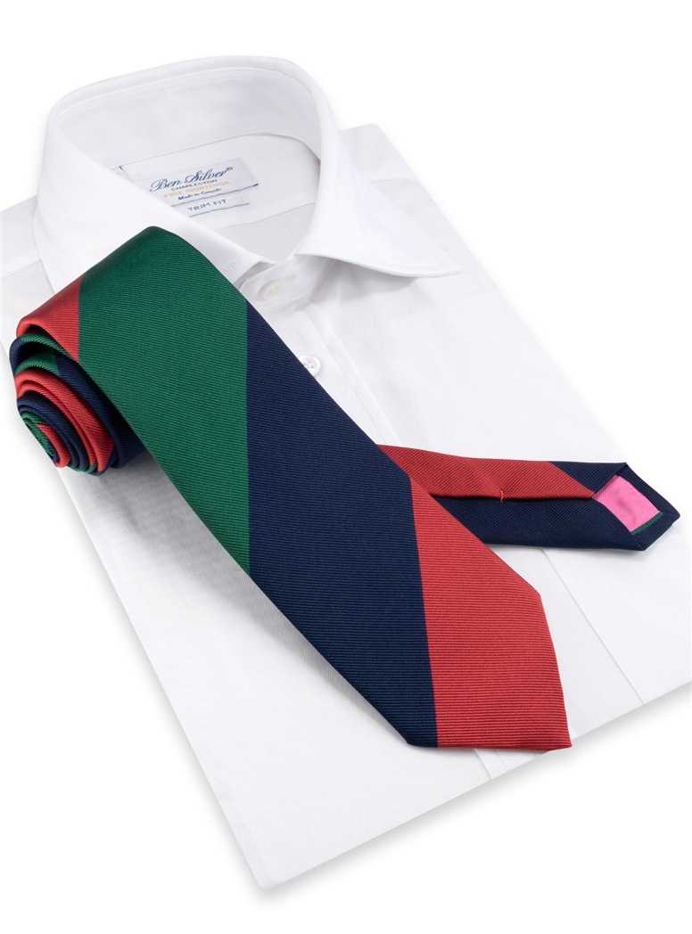Silk Block Striped Tie in Green, Navy, and Red