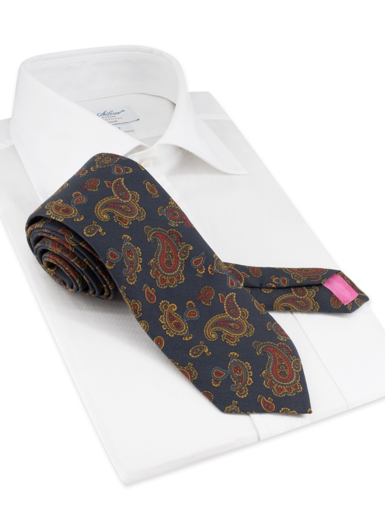 Silk Paisley Printed Tie in Navy