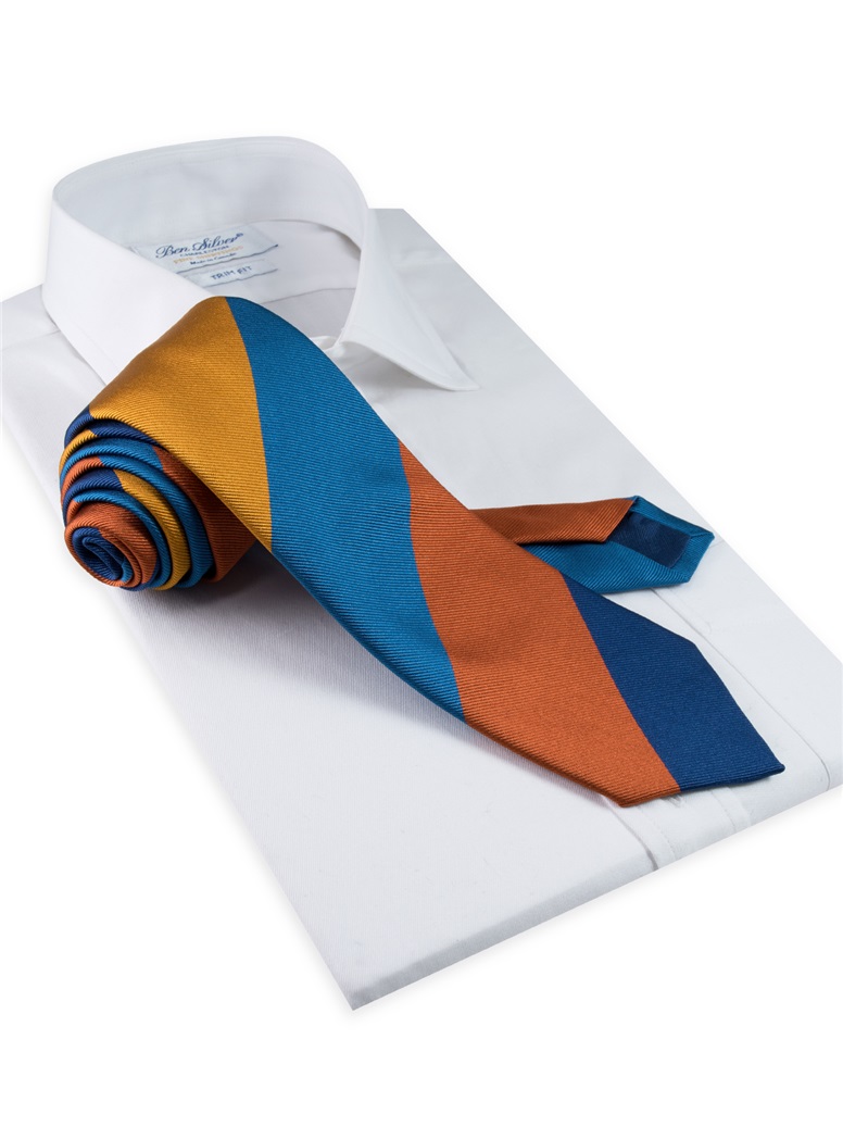 Silk Block Stripe Tie in Azure, Gold, Royal Blue and Spice