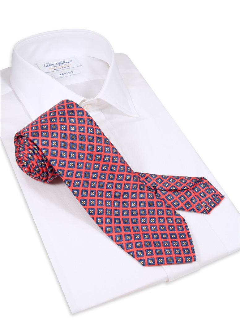 Silk Diamond Printed Tie in Coral