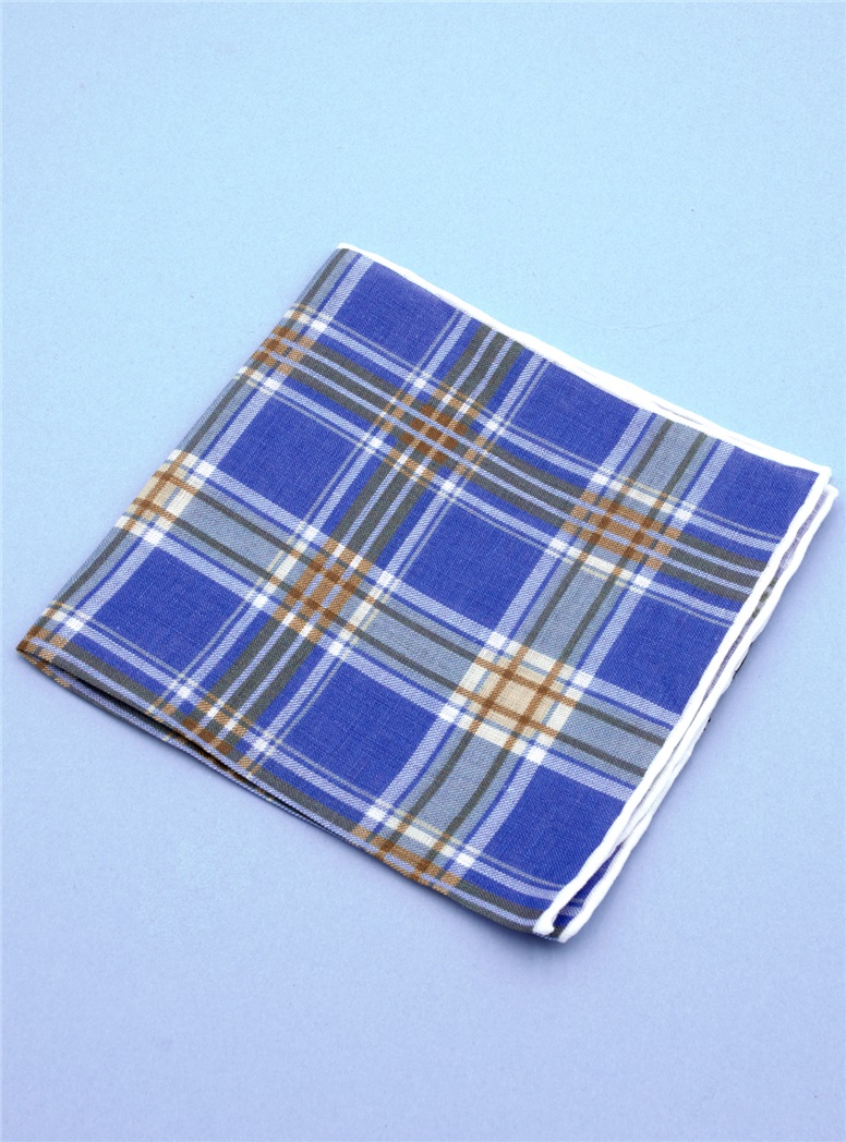 Sky and Brown Plaid Linen Pocket Square