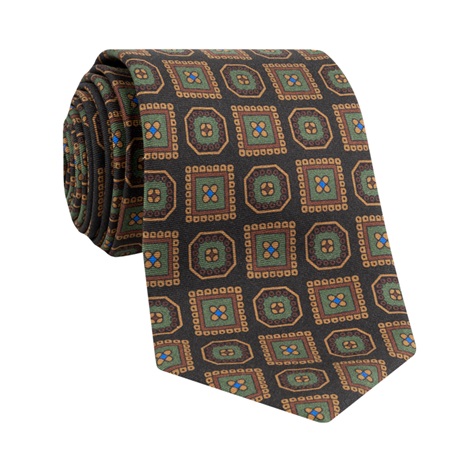 Silk Printed Medallion Motif Tie in Slate