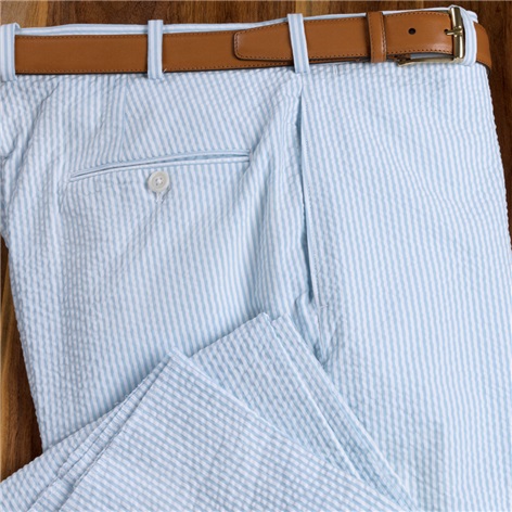 Blue & White Seersucker Plain Front Trousers