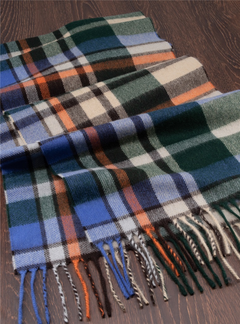 Cobalt, Green, and Barley Plaid Cashmere Scarf