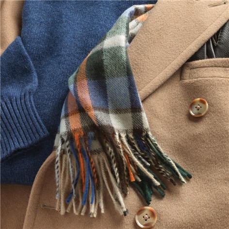 Cobalt, Green, and Barley Plaid Cashmere Scarf