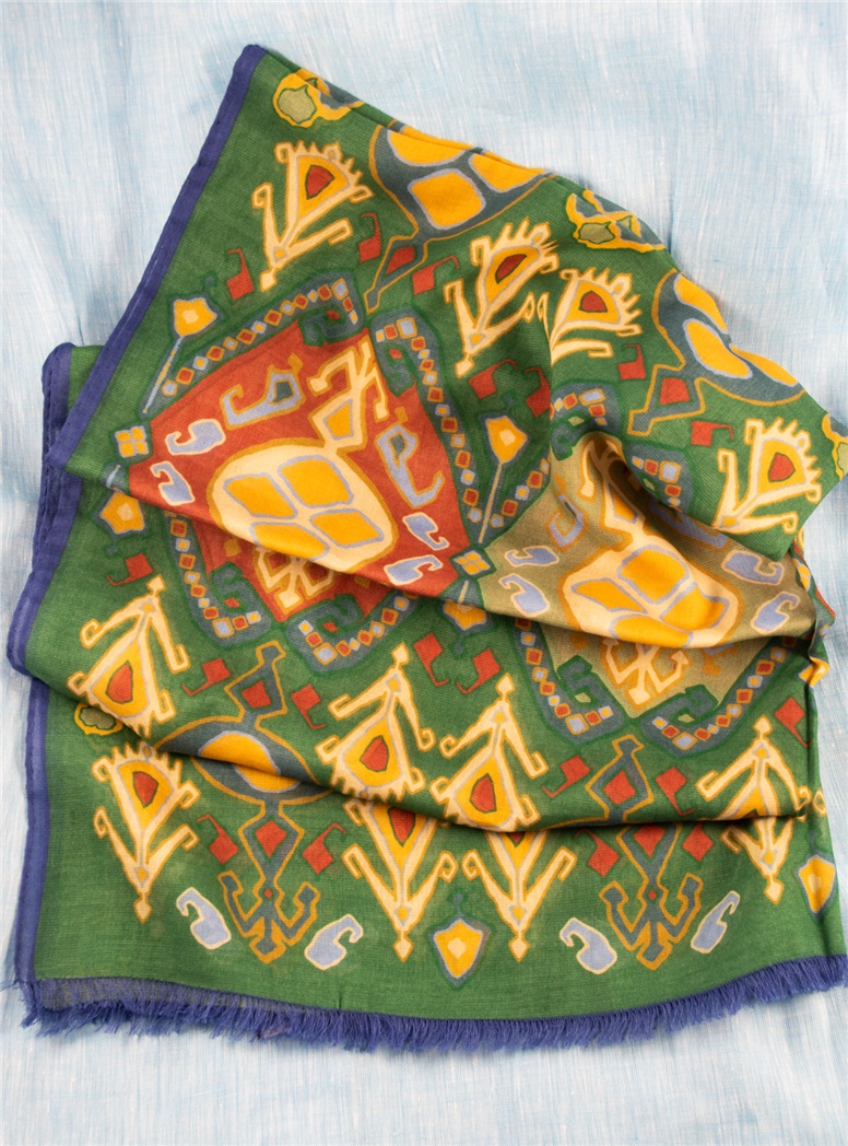 Cotton and Cashmere Blend Ikat Scarf in Leaf