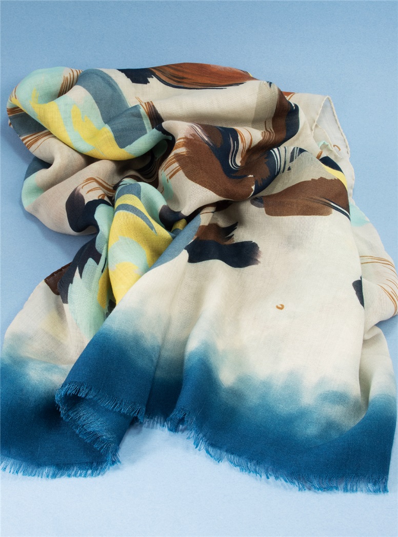Wool and Cashmere Floral Printed Scarf in Ivory