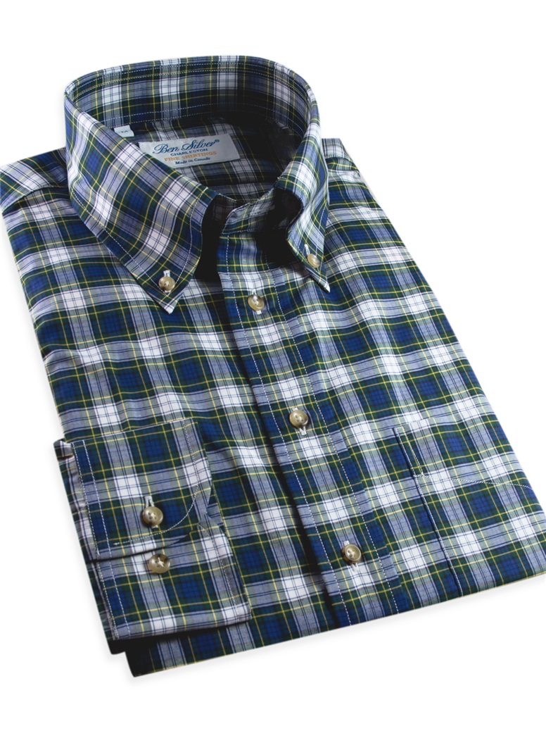 Navy, Green and White Plaid Button Down