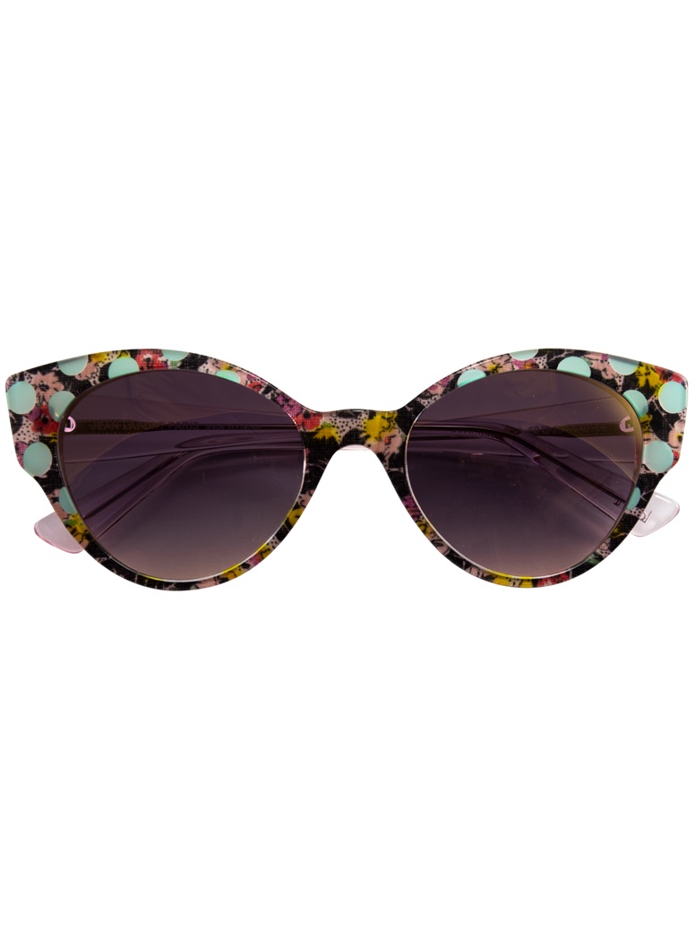Cateye Sunglasses in Black and Pink Floral with Teal Dots