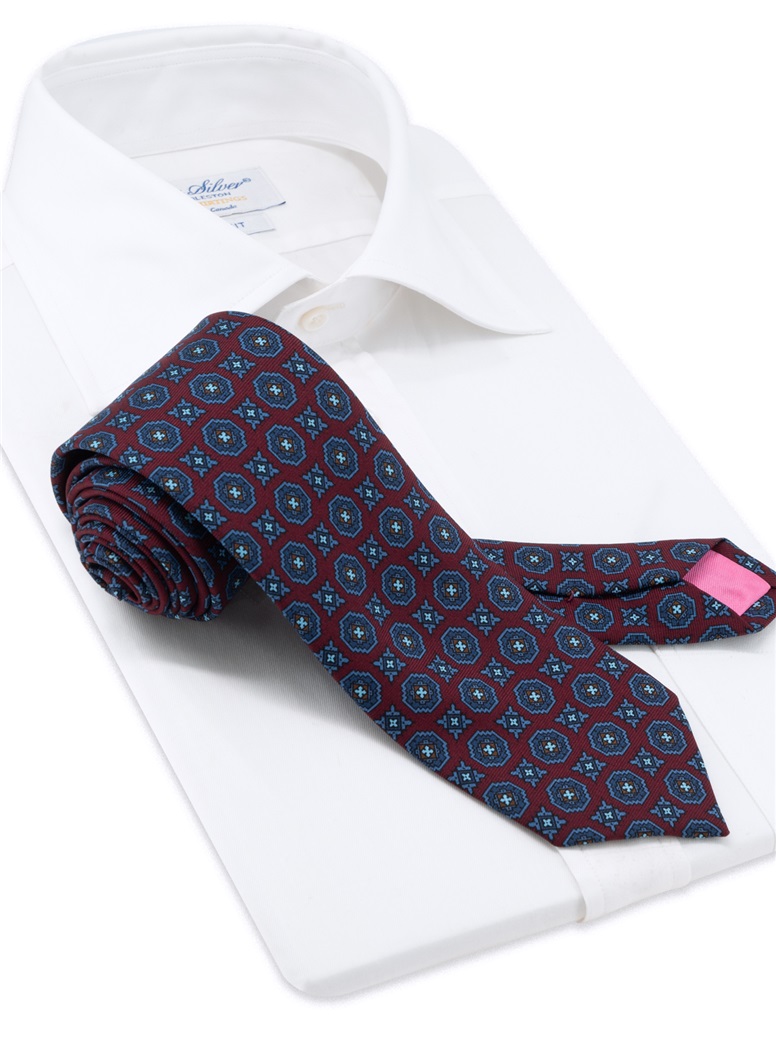 Silk Printed Medallion Motif Tie in Wine