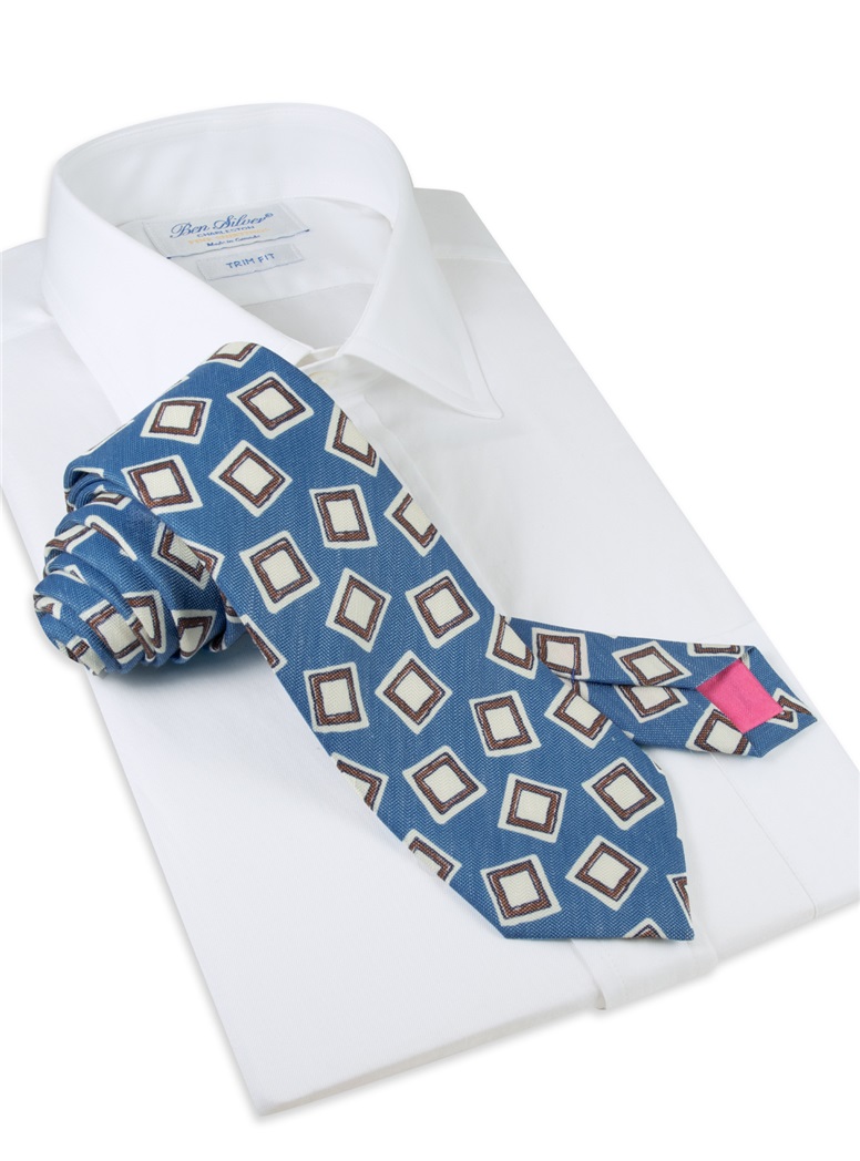 Silk and Linen Square Motif Tie in Aqua