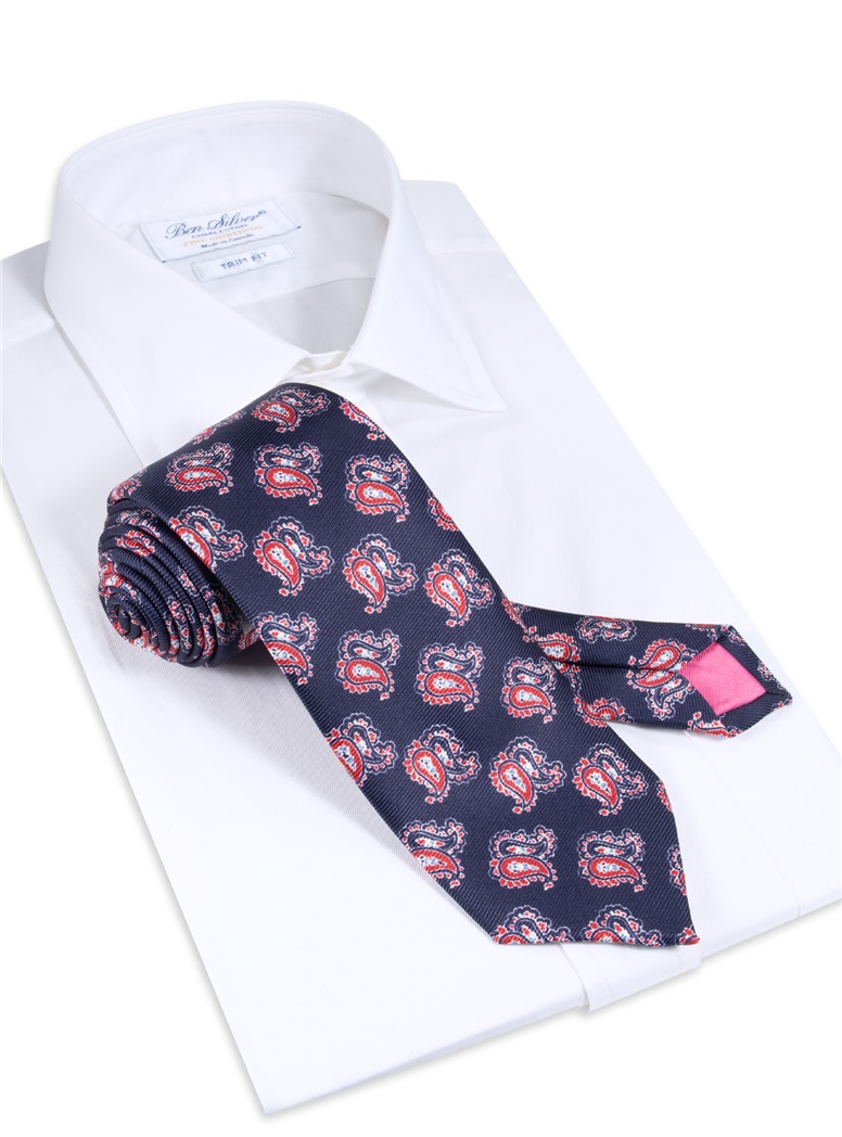 Silk Printed Paisley Tie in Navy