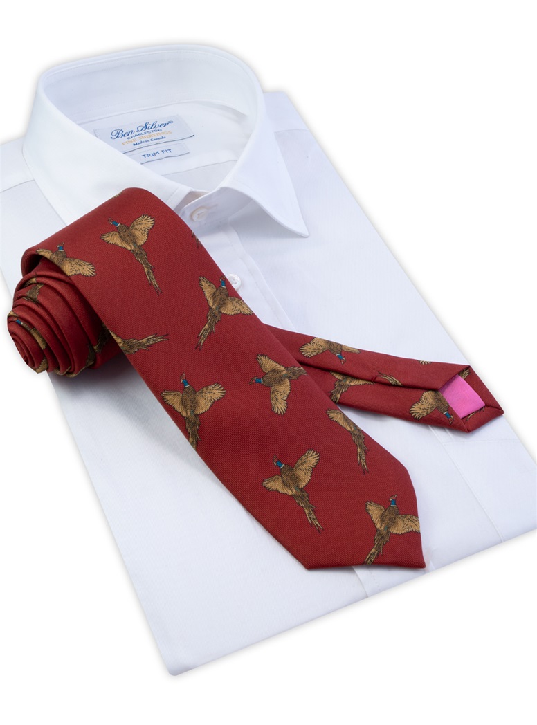 Silk Printed Pheasant Tie in Red