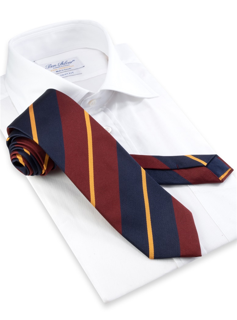 Silk Striped Tie in Wine, Navy, and Gold