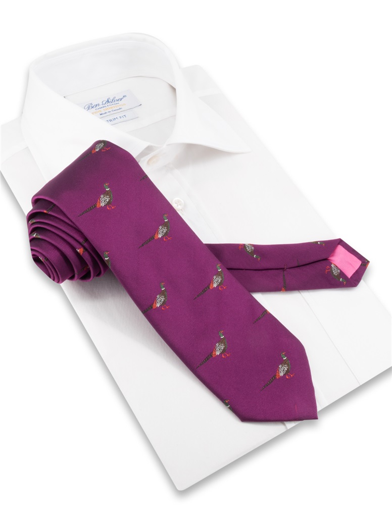 Silk Woven Pheasant Motif Tie in Fuchsia