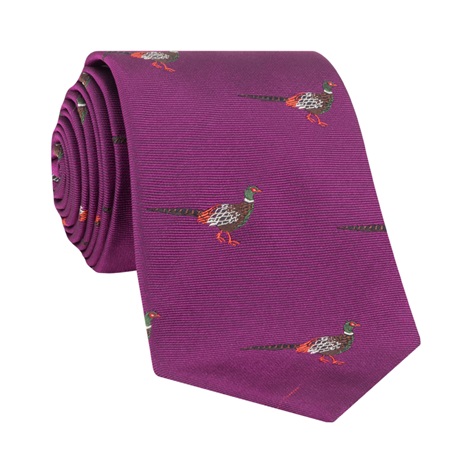 Silk Woven Pheasant Motif Tie in Fuchsia