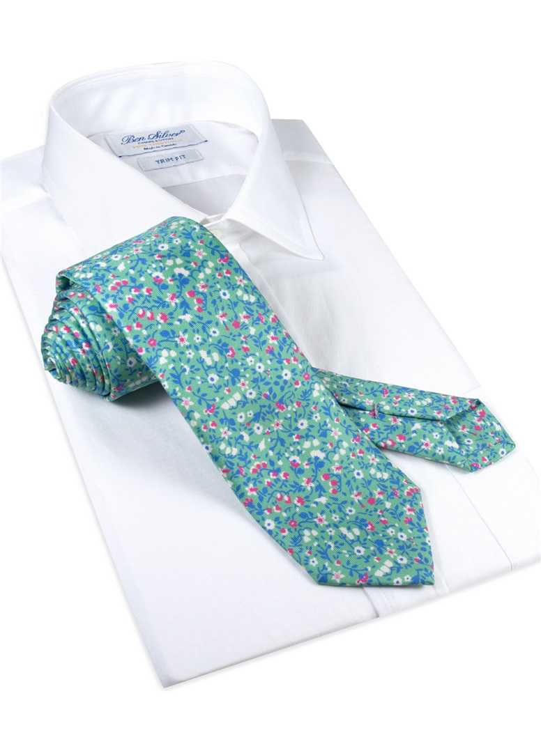 Silk Floral Printed Tie in Mint