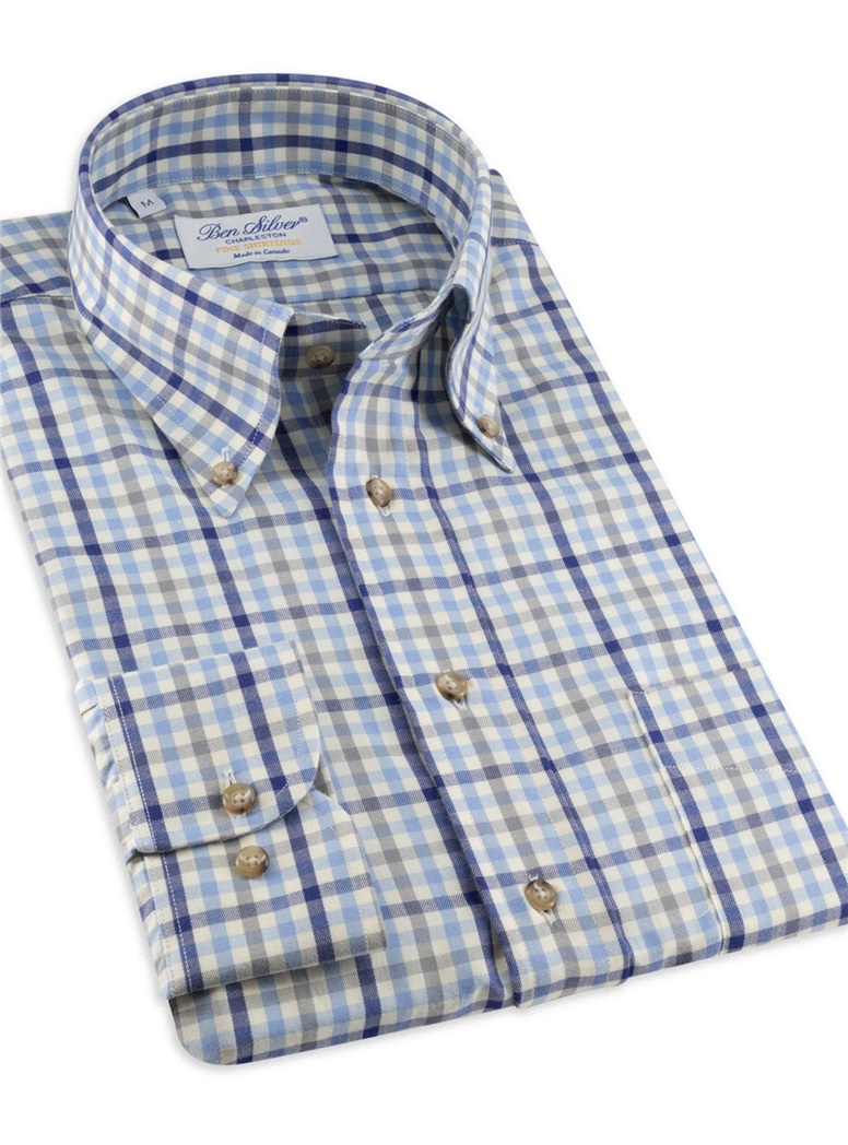 Navy and Sky Check Brushed Cotton Button Down